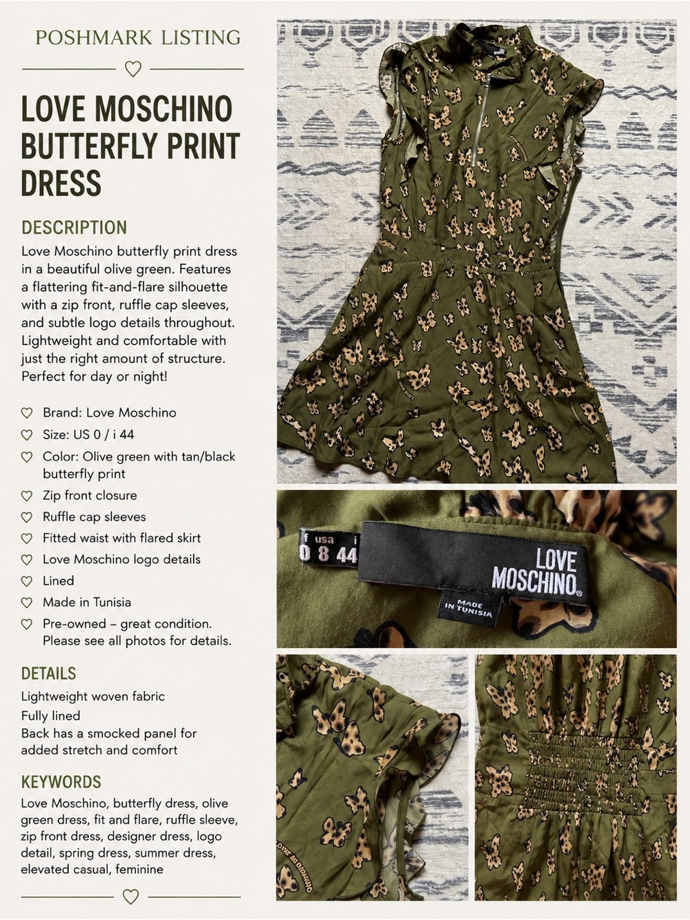 Love Moschino Olive Green Butterfly Print Fit-and-Flare Dress. Size 8